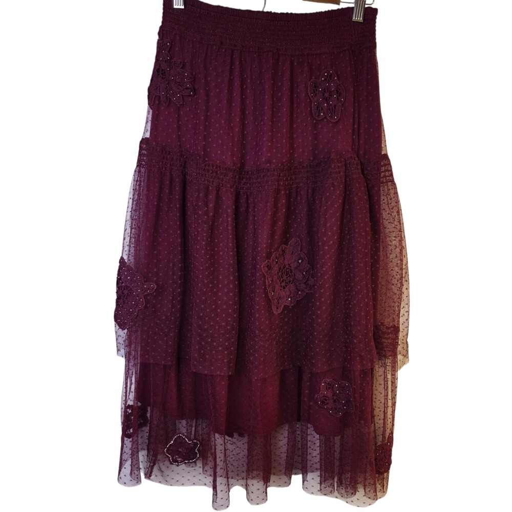 Akemi + Kin Burgundy Midi Skirt XS Tiered Lace Applique‎ Whimigoth Dark Fairy